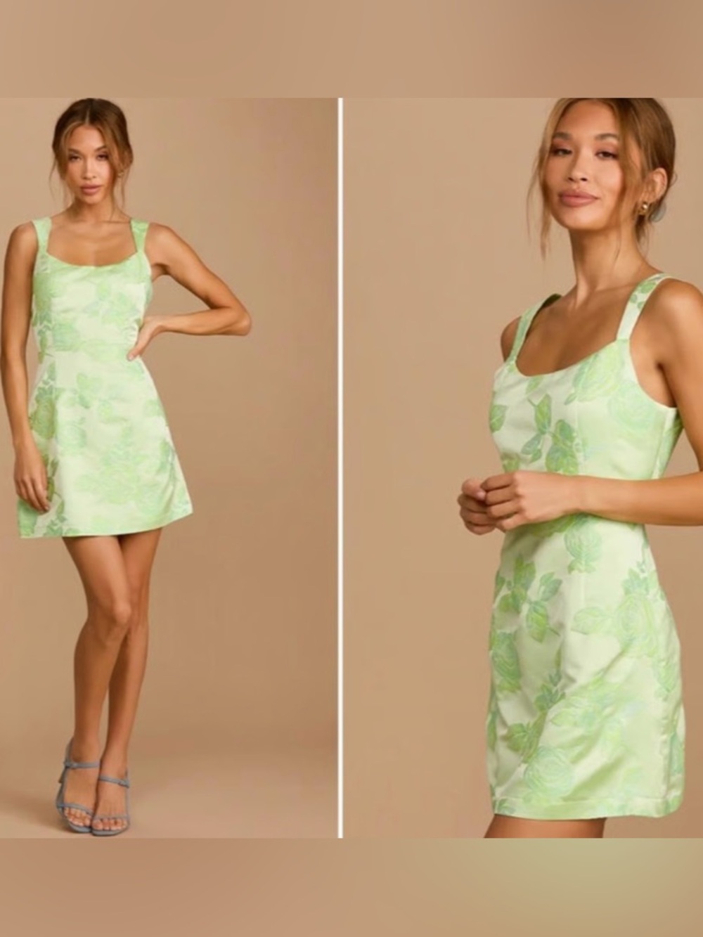 Lulus Brighter Side Light Green Floral Satin Jacquard Mini Dress XS